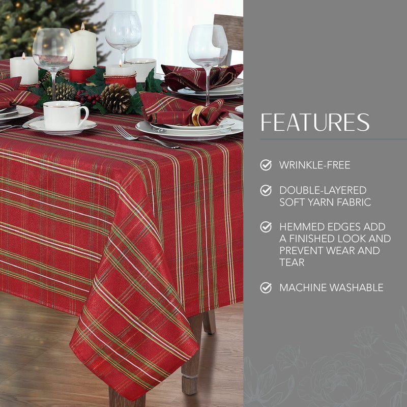 Elrene Home Fashions Shimmering Plaid Holiday Fabric Tablecloth, 60" x 120", Red - Image 3